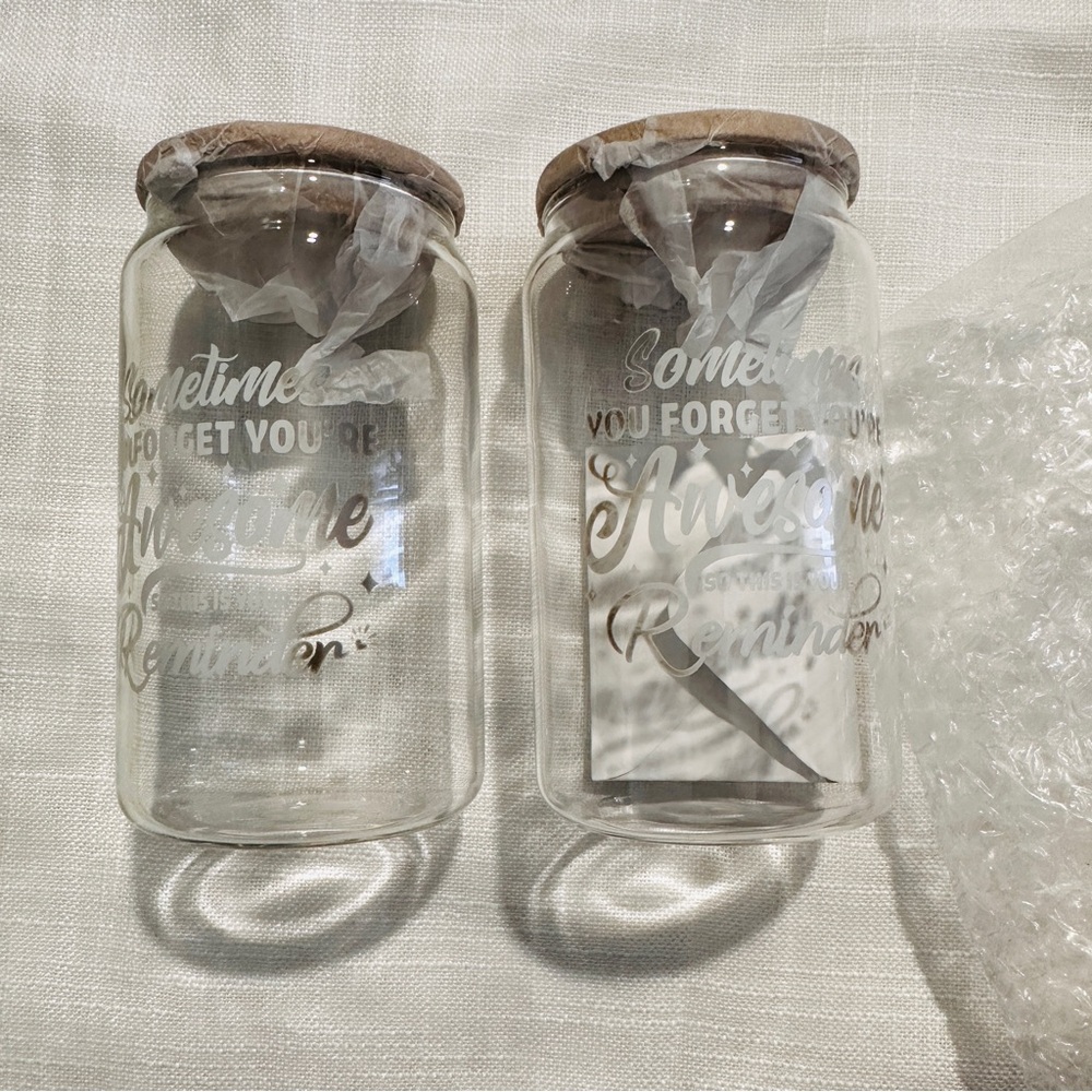 NEW Two Coffee glasses with bamboo wood lids, and  2 glass straws & 1 brusher